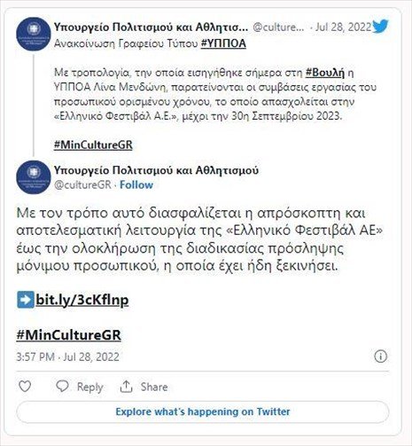 Παρατείνονται οι συμβάσεις εργασίας για το Ελληνικό Φεστιβάλ